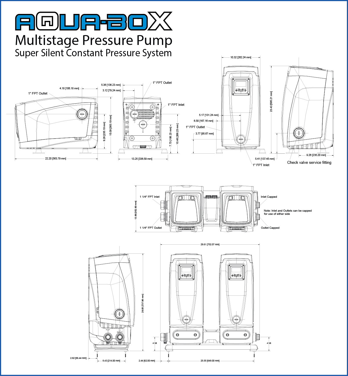 AQX-230 SUPER SILENT CONSTANT PRESSURE SYSTEM: 220-230V AC 1 PHASE, 50/60 HZ. 9 AMPS 20GPM@60 PSI, 1" INLET/DISCHARGE, INTEGRATED PRESSURE ACCUMULATOR TANK, AND CONTROL PANEL