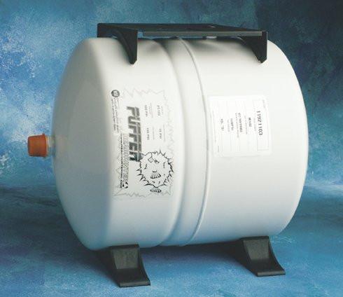 PT-102-BK PUFFER PRESSURE ACCUMULATOR TANK WITH PUMP MOUNTING BRACKET 1.2 GALLON DRAWDOWN @40-60 PSI RANGE. NSF CERTIFIED, WITH MATTERHORN WHITE FINISH 3/4" MALE NPT INLET FITTING
